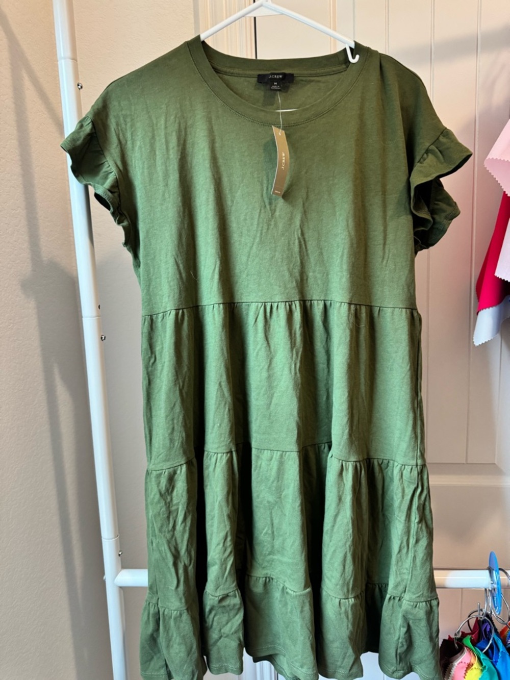J. Crew Olive Green Tiered Flutter-Sleeve Cotton Dress